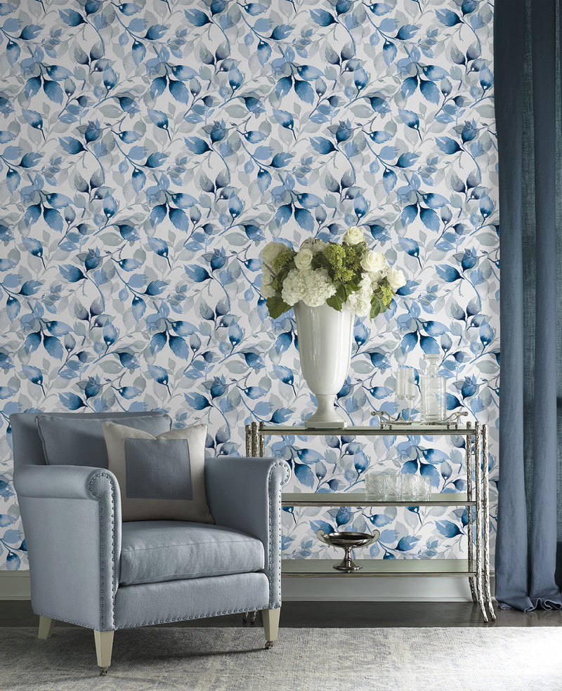 media image for Watercolor Tossed Leaves Wallpaper in Blue Lagoon by Lillian August 284