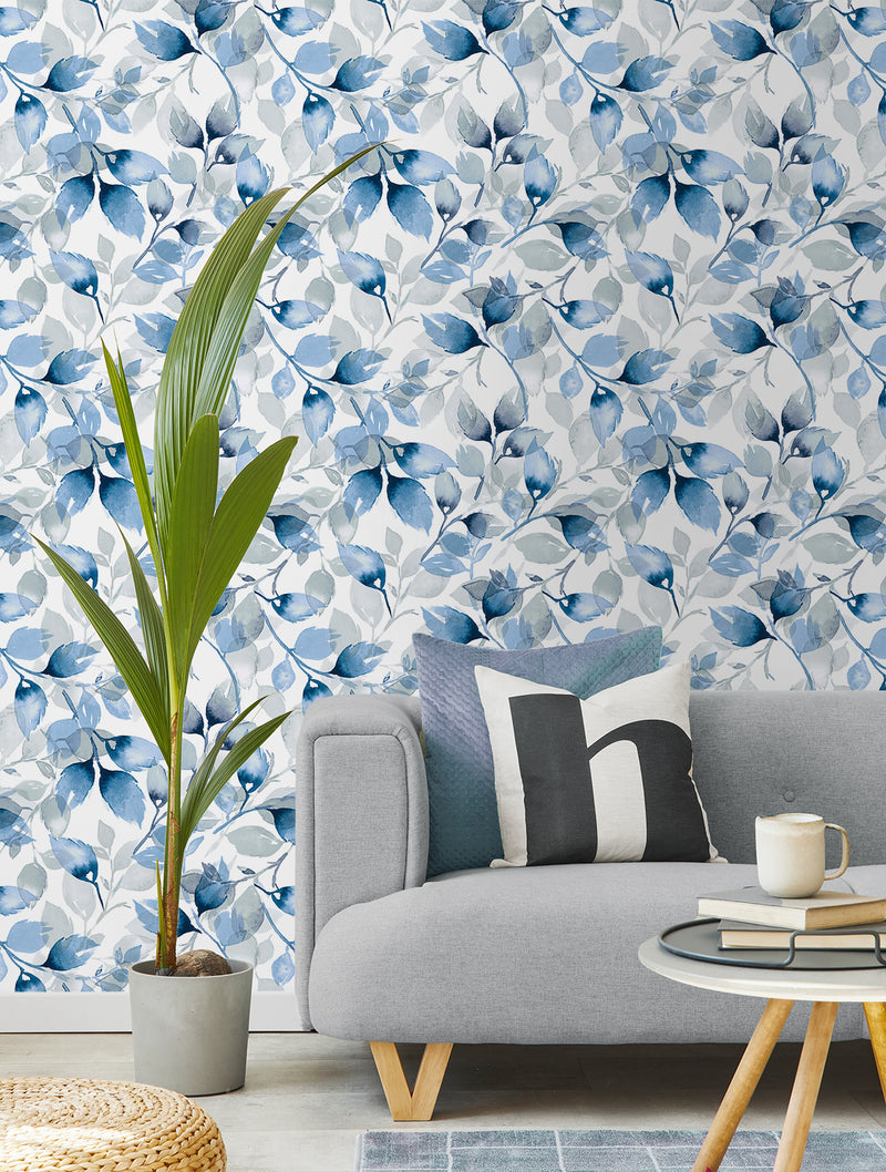 media image for Watercolor Tossed Leaves Wallpaper in Blue Lagoon by Lillian August 270