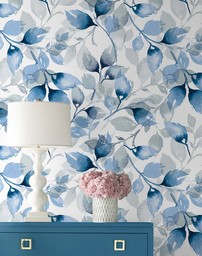 product image for Watercolor Tossed Leaves Wallpaper in Blue Lagoon by Lillian August 85