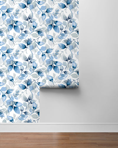 product image for Watercolor Tossed Leaves Wallpaper in Blue Lagoon by Lillian August 39