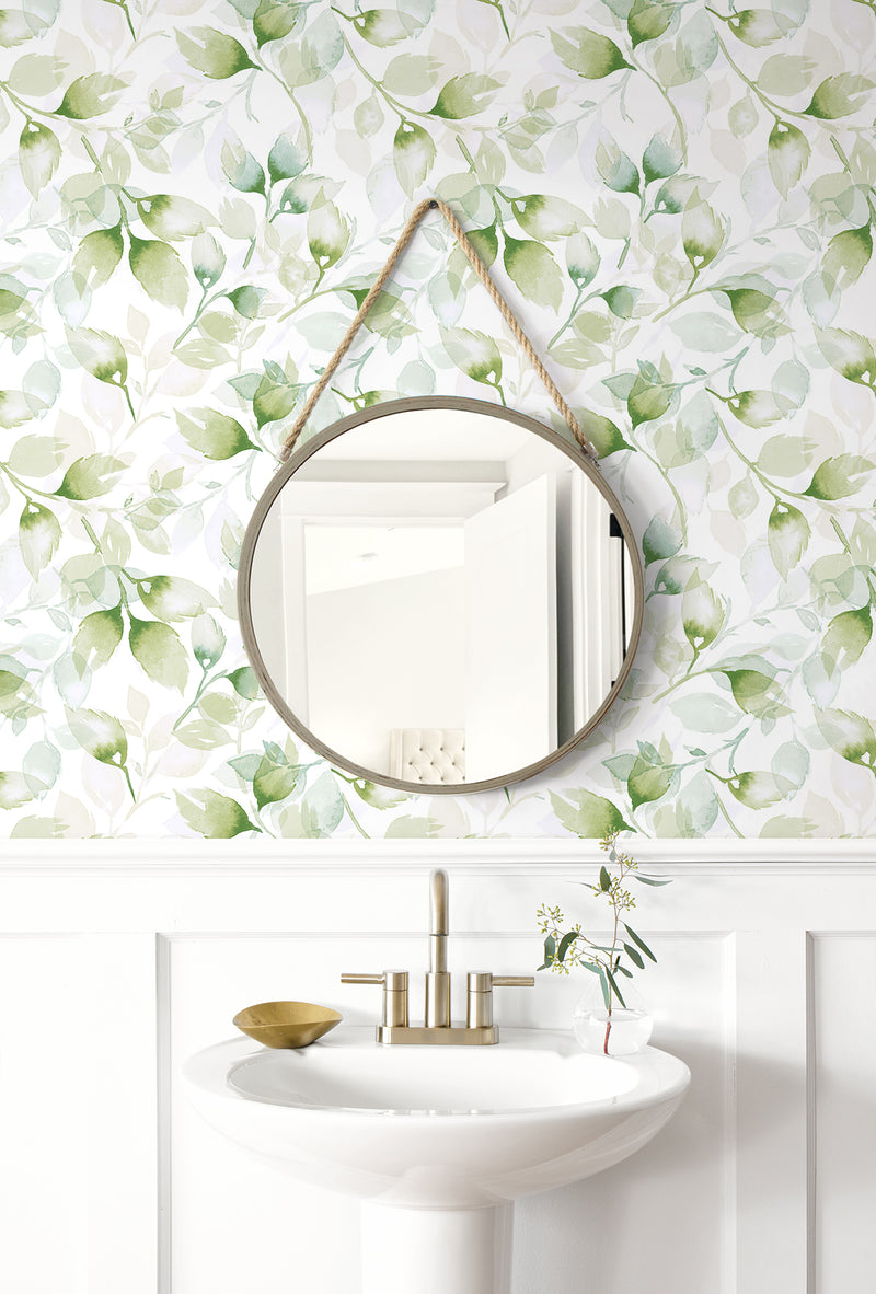 media image for Watercolor Tossed Leaves Wallpaper in Green Ivy by Lillian August 275