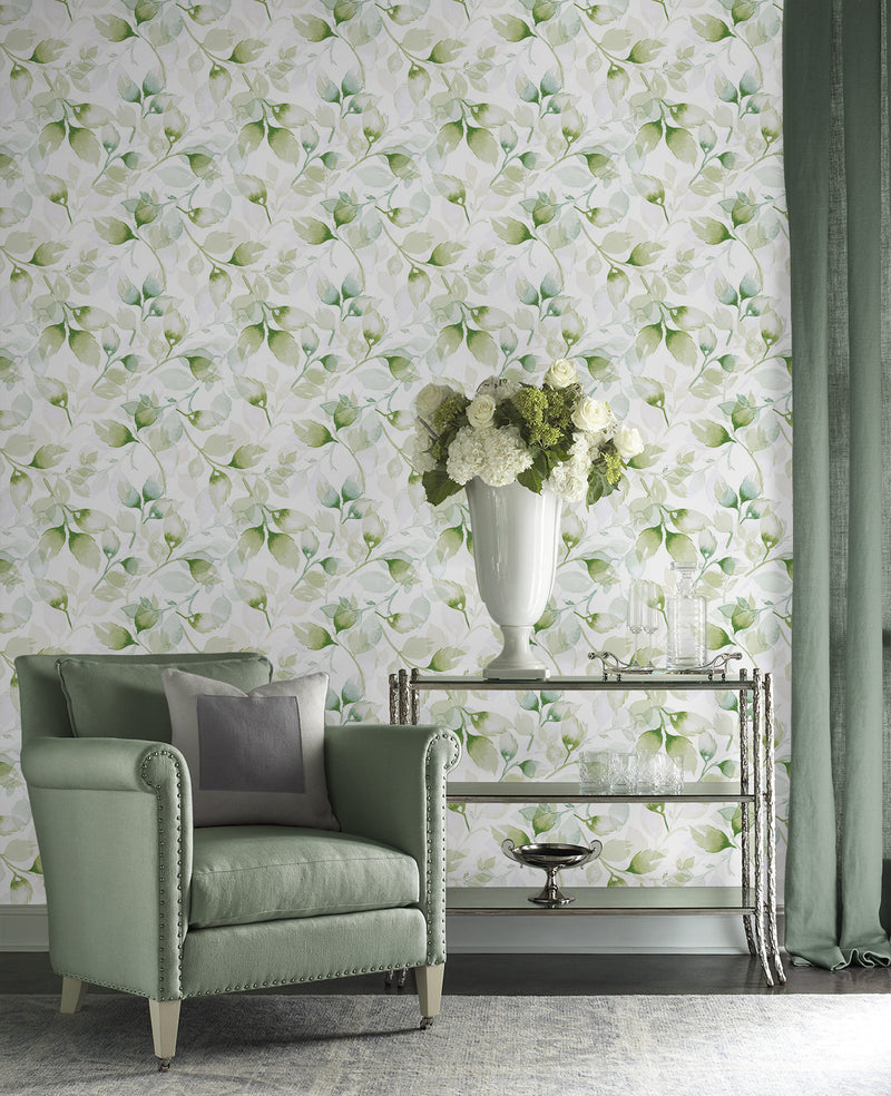 media image for Watercolor Tossed Leaves Wallpaper in Green Ivy by Lillian August 278