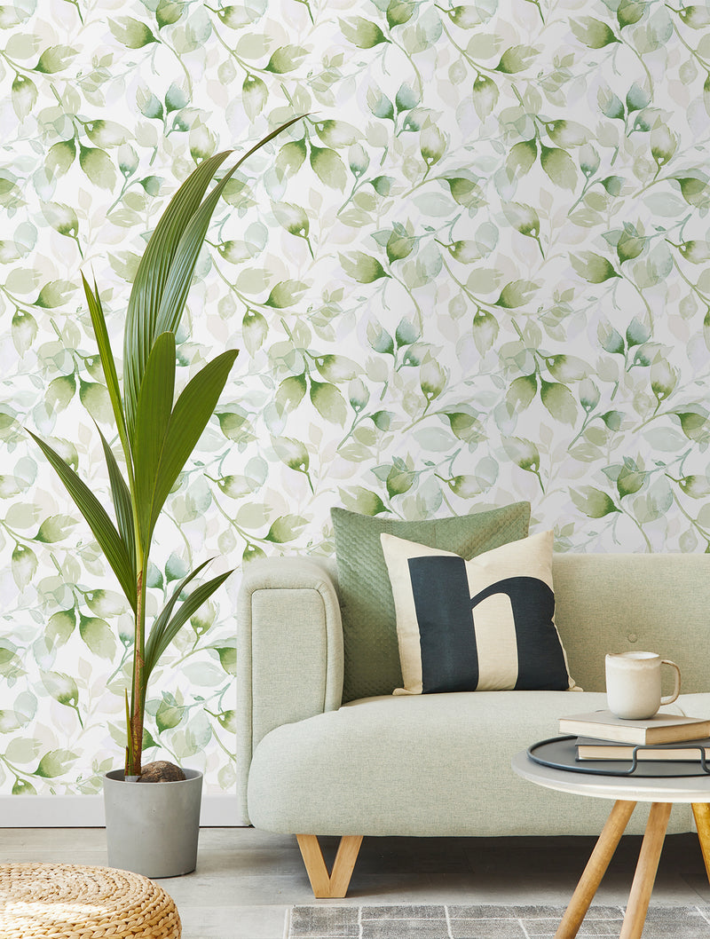 media image for Watercolor Tossed Leaves Wallpaper in Green Ivy by Lillian August 256