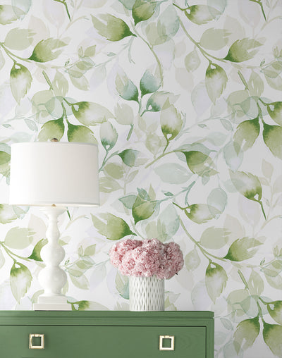product image for Watercolor Tossed Leaves Wallpaper in Green Ivy by Lillian August 43