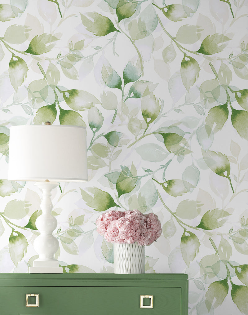 media image for Watercolor Tossed Leaves Wallpaper in Green Ivy by Lillian August 249