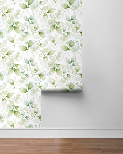 product image for Watercolor Tossed Leaves Wallpaper in Green Ivy by Lillian August 8