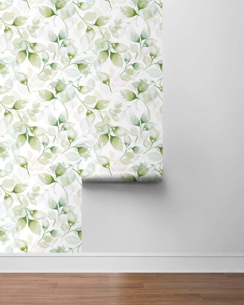 media image for Watercolor Tossed Leaves Wallpaper in Green Ivy by Lillian August 27