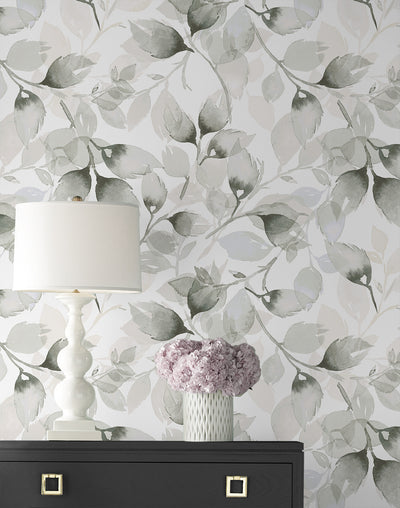 product image for Watercolor Tossed Leaves Wallpaper in Sea Salt/Harbor Mist by Lillian August 80