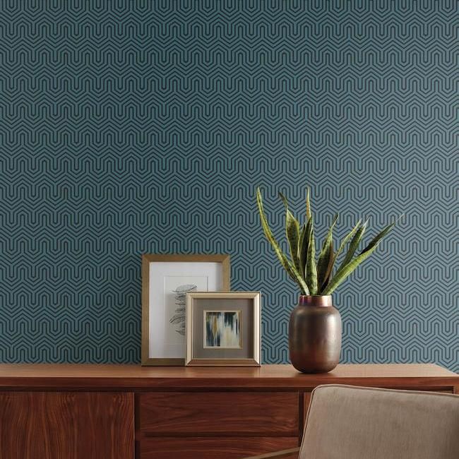 media image for Labyrinth Wallpaper in Teal and Black from the Geometric Resource Collection by York Wallcoverings 247