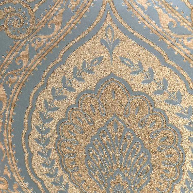 media image for Lana Classic Damask Wallpaper in Gold and Metallic Turquoise by BD Wall 214