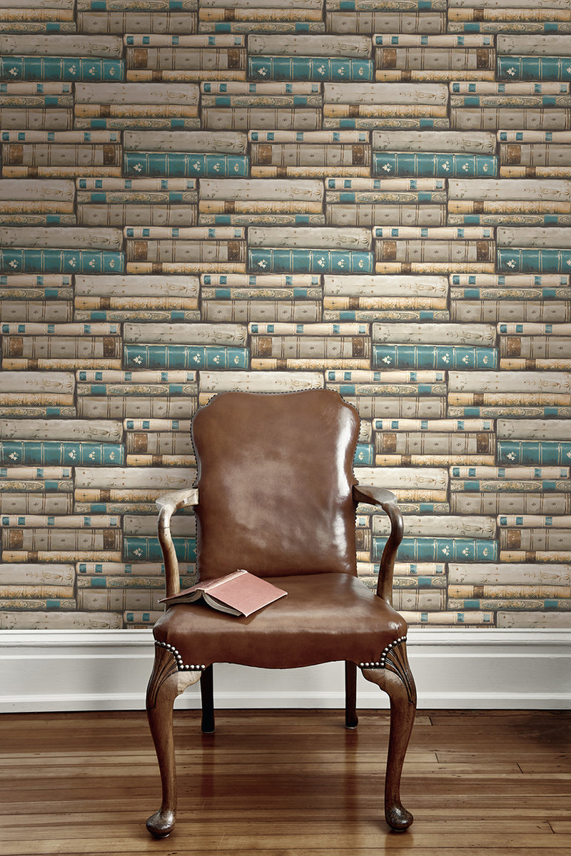 media image for Library Wallpaper in Teal from the Vintage Home 2 Collection by Wallquest 226