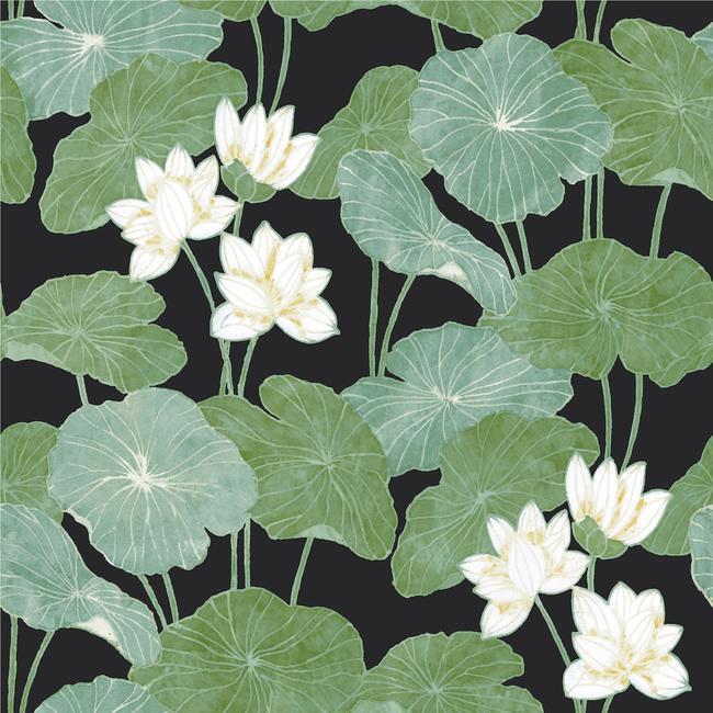 media image for sample lily pad peel stick wallpaper in black and green by roommates for york wallcoverings 1 290