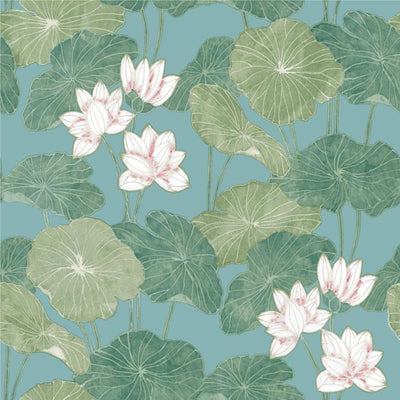 product image of sample lily pad peel stick wallpaper in blue and green by roommates for york wallcoverings 1 579