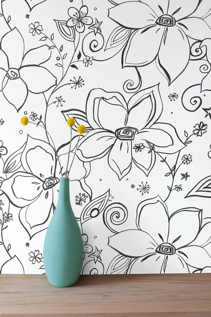 media image for Linework Floral Peel-and-Stick Wallpaper in Black and White by NextWall 287
