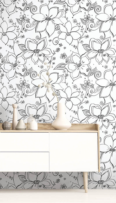 product image for Linework Floral Peel-and-Stick Wallpaper in Black and White by NextWall 20
