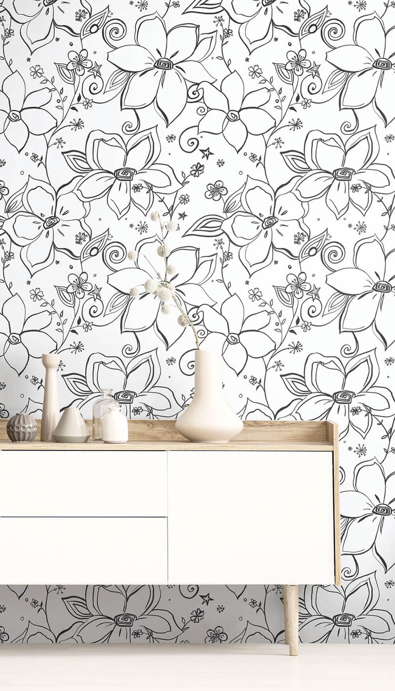 media image for Linework Floral Peel-and-Stick Wallpaper in Black and White by NextWall 231