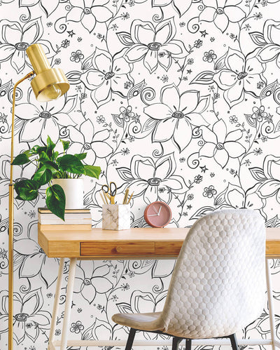 product image for Linework Floral Peel-and-Stick Wallpaper in Black and White by NextWall 78