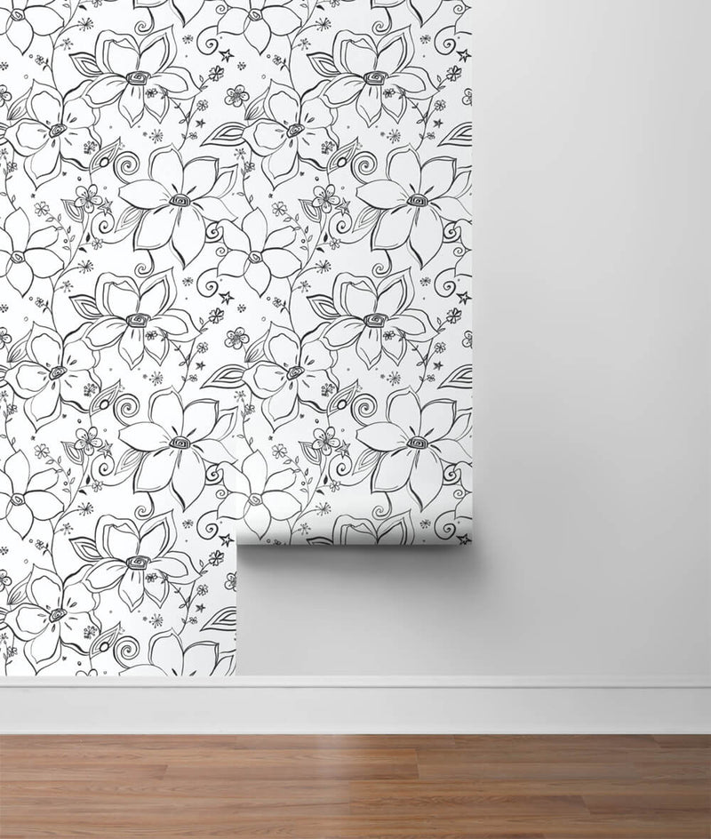 media image for Linework Floral Peel-and-Stick Wallpaper in Black and White by NextWall 238