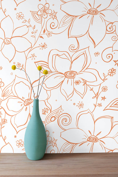 product image for Linework Floral Peel-and-Stick Wallpaper in Orange and White by NextWall 4