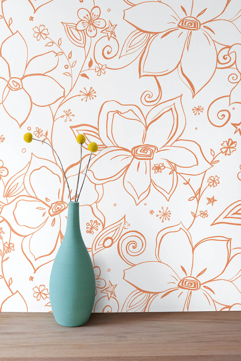 media image for Linework Floral Peel-and-Stick Wallpaper in Orange and White by NextWall 25