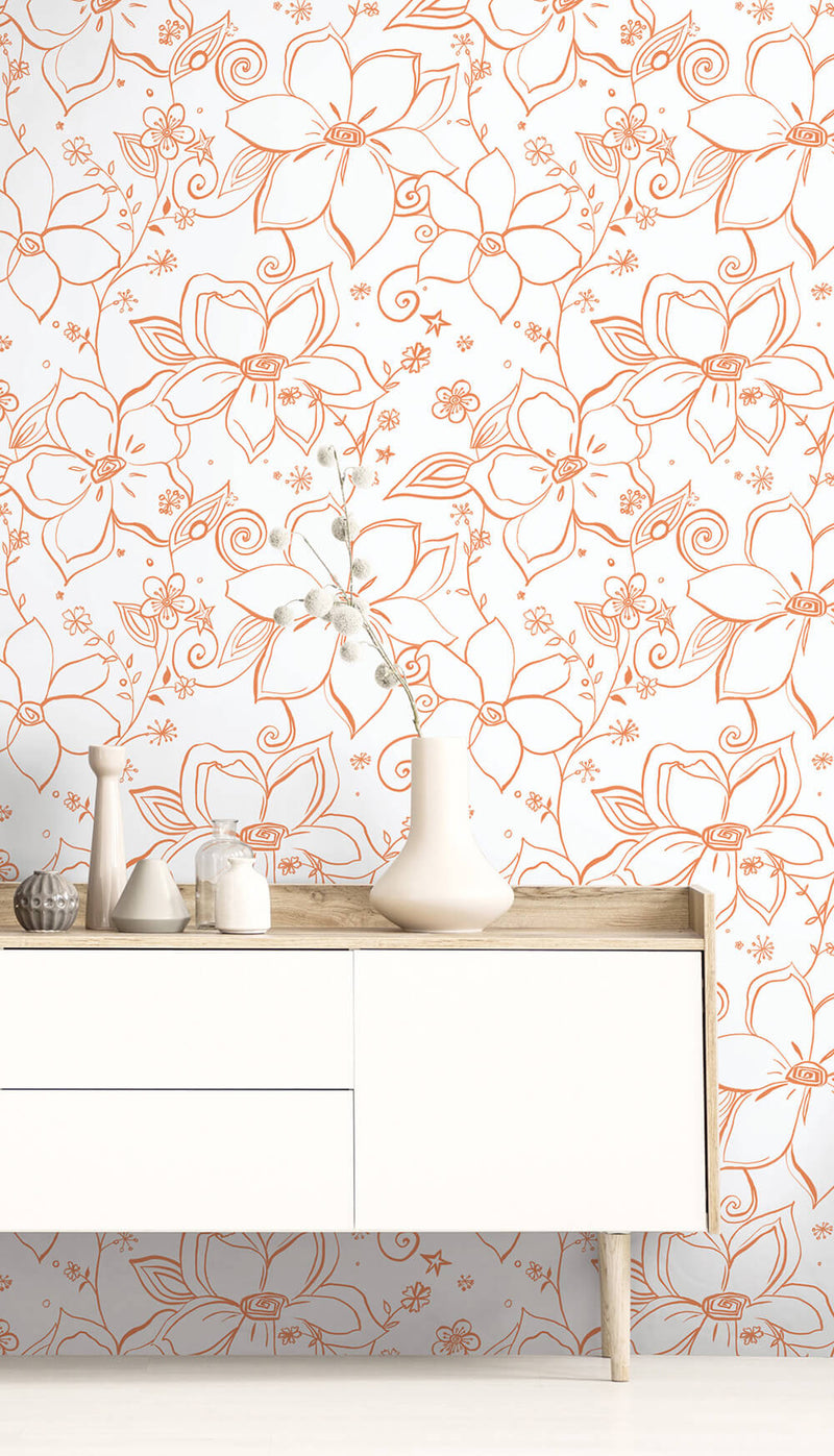 media image for Linework Floral Peel-and-Stick Wallpaper in Orange and White by NextWall 260