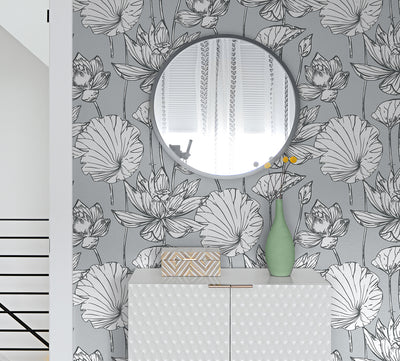 product image for Lotus Floral Peel-and-Stick Wallpaper in Grey and Ebony by NextWall 11