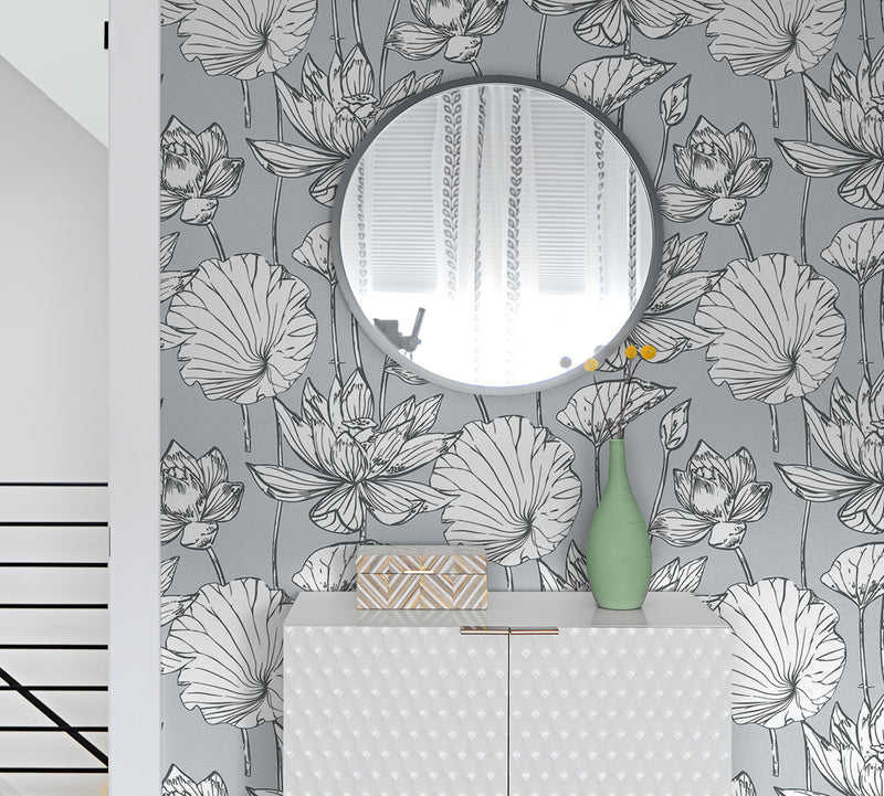 media image for Lotus Floral Peel-and-Stick Wallpaper in Grey and Ebony by NextWall 29