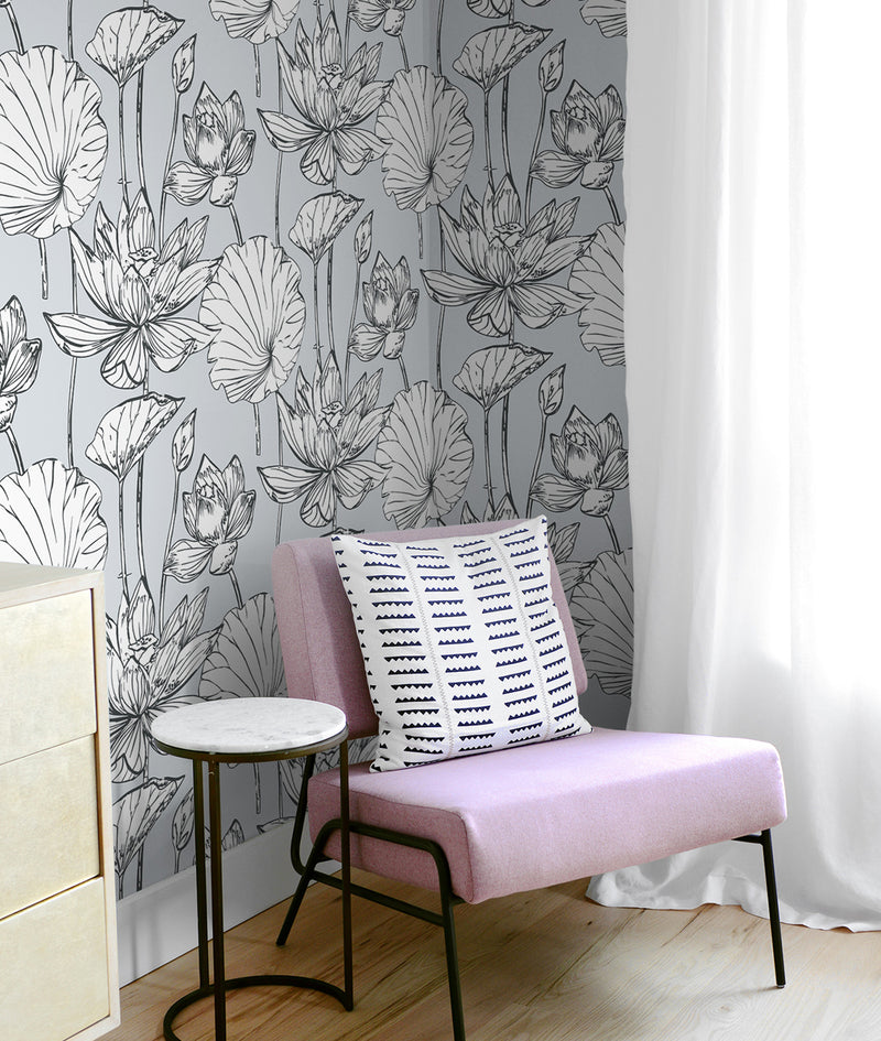 media image for Lotus Floral Peel-and-Stick Wallpaper in Grey and Ebony by NextWall 229