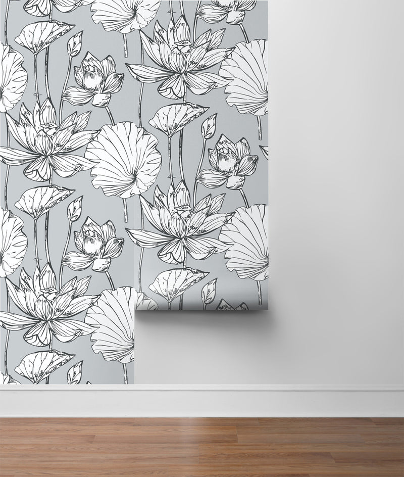 media image for Lotus Floral Peel-and-Stick Wallpaper in Grey and Ebony by NextWall 227