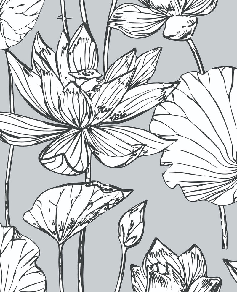 media image for Lotus Floral Peel-and-Stick Wallpaper in Grey and Ebony by NextWall 211