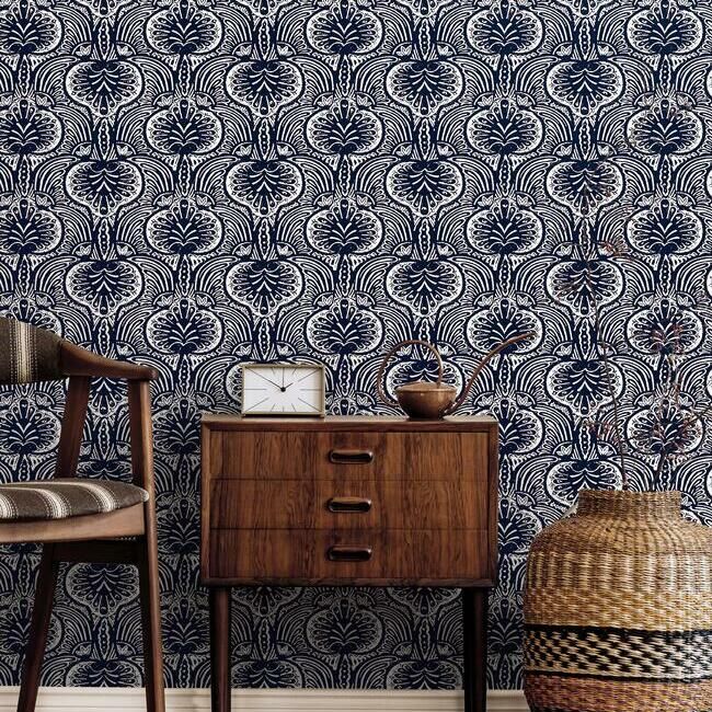 media image for Lotus Palm Wallpaper in Navy from the Traveler Collection by Ronald Redding 296