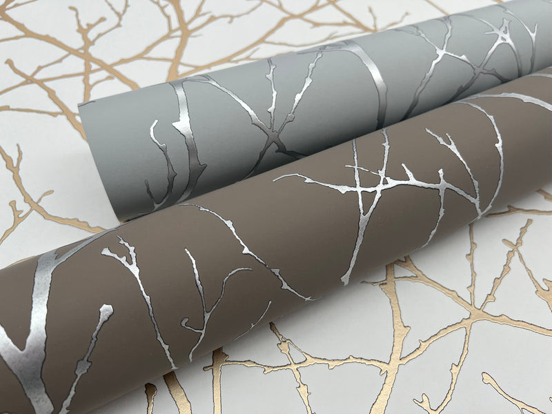 media image for Trees Silhouette Wallpaper in White/Gold from the Modern Metals Second Edition 278