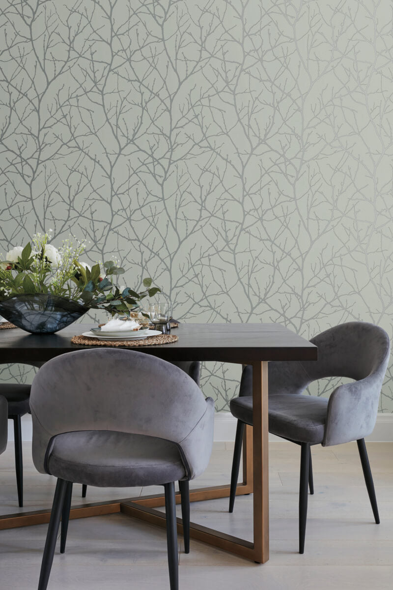 media image for trees silhouette wallpaper in eucalyptus silver from the modern metals second edition 6 29