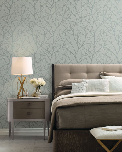 product image for Trees Silhouette Wallpaper in Eucalyptus/Silver from the Modern Metals Second Edition 74