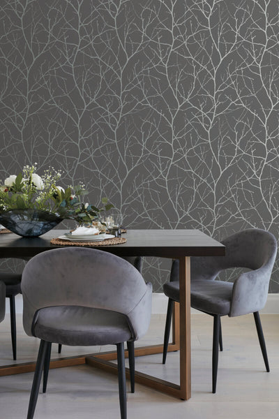 product image for Trees Silhouette Wallpaper in Charcoal/Silver from the Modern Metals Second Edition 25