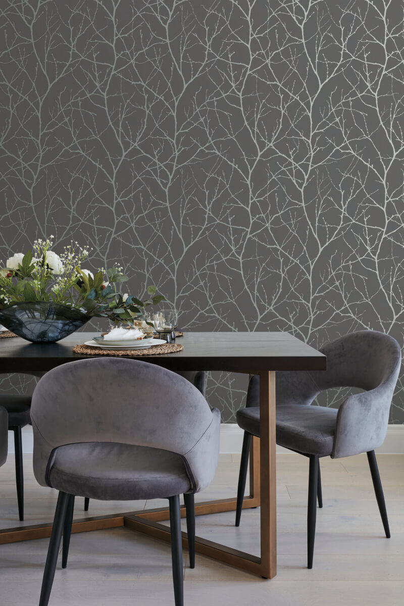 media image for Trees Silhouette Wallpaper in Charcoal/Silver from the Modern Metals Second Edition 25
