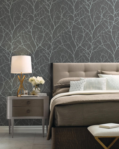 product image for Trees Silhouette Wallpaper in Charcoal/Silver from the Modern Metals Second Edition 50