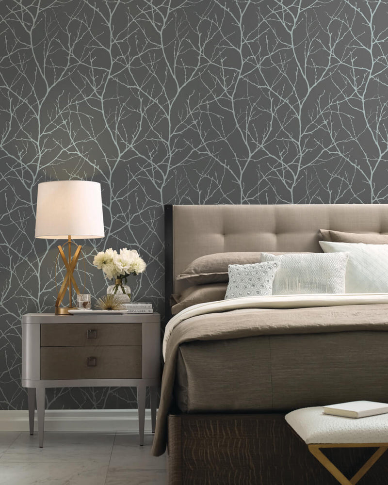 media image for Trees Silhouette Wallpaper in Charcoal/Silver from the Modern Metals Second Edition 256