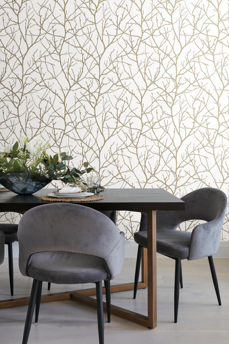 media image for Trees Silhouette Wallpaper in White/Gold from the Modern Metals Second Edition 294