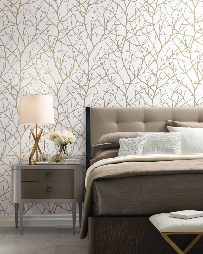 media image for Trees Silhouette Wallpaper in White/Gold from the Modern Metals Second Edition 231