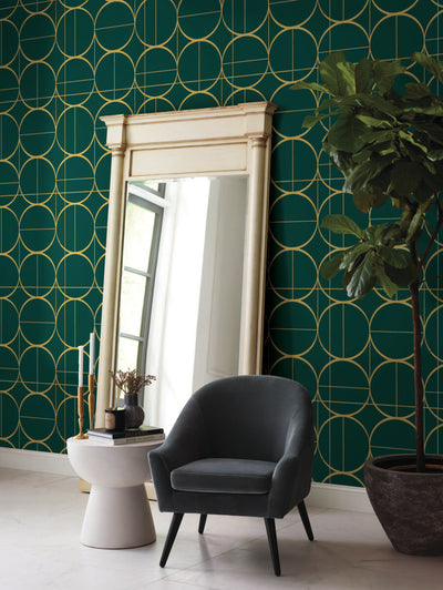 product image for Sun Circles Wallpaper in Emerald/Gold from the Modern Metals Second Edition 36