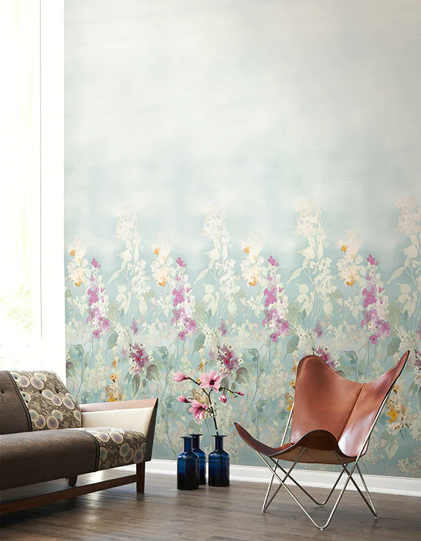 media image for Hollyhocks Turquoise Wall Mural from the Romance Collection by Mayflower 284