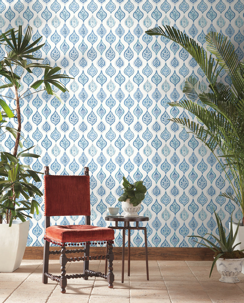 media image for Marketplace Motif Wallpaper in White/Blue from the Mediterranean Collection by York Wallcoverings 267