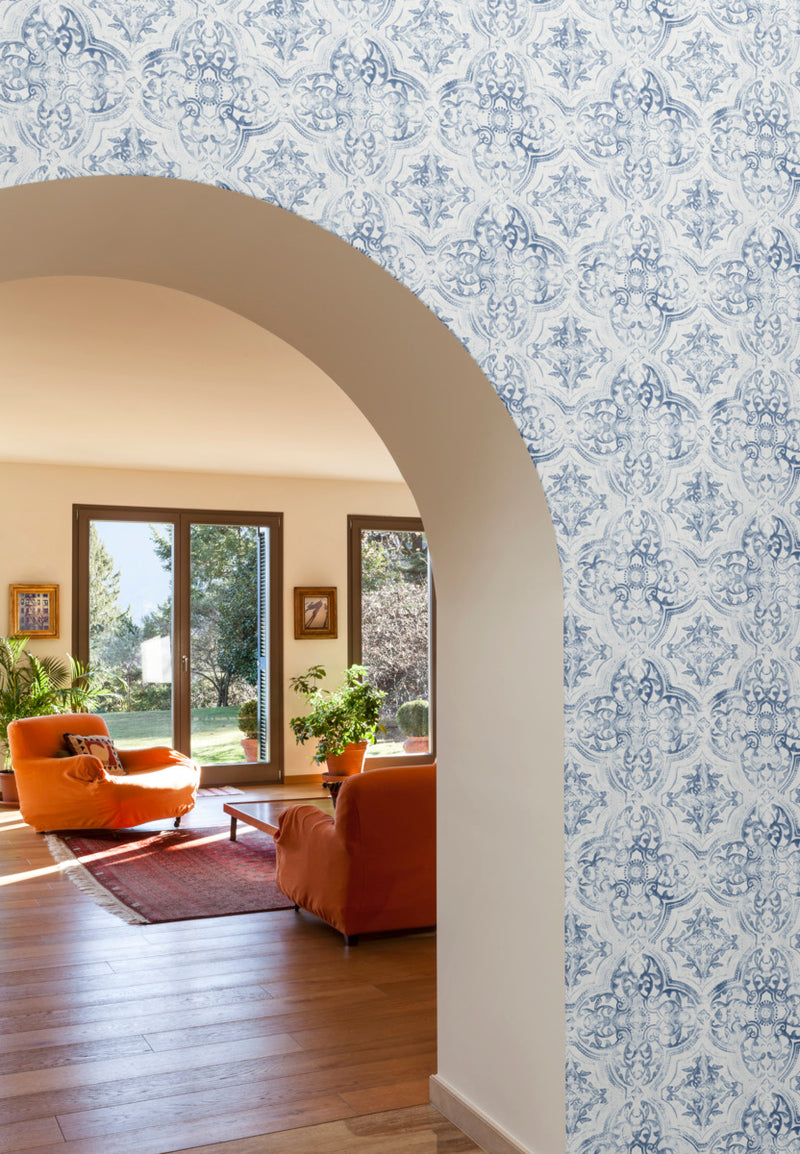 media image for Quartet Wallpaper in White/Blue from the Mediterranean Collection by York Wallcoverings 255
