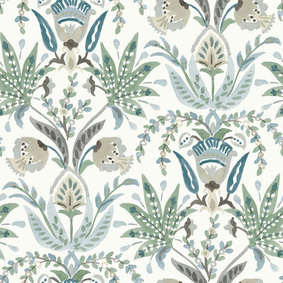 product image of Seaside Jacobean Wallpaper in White/Green/Blue from the Mediterranean Collection by York Wallcoverings 526