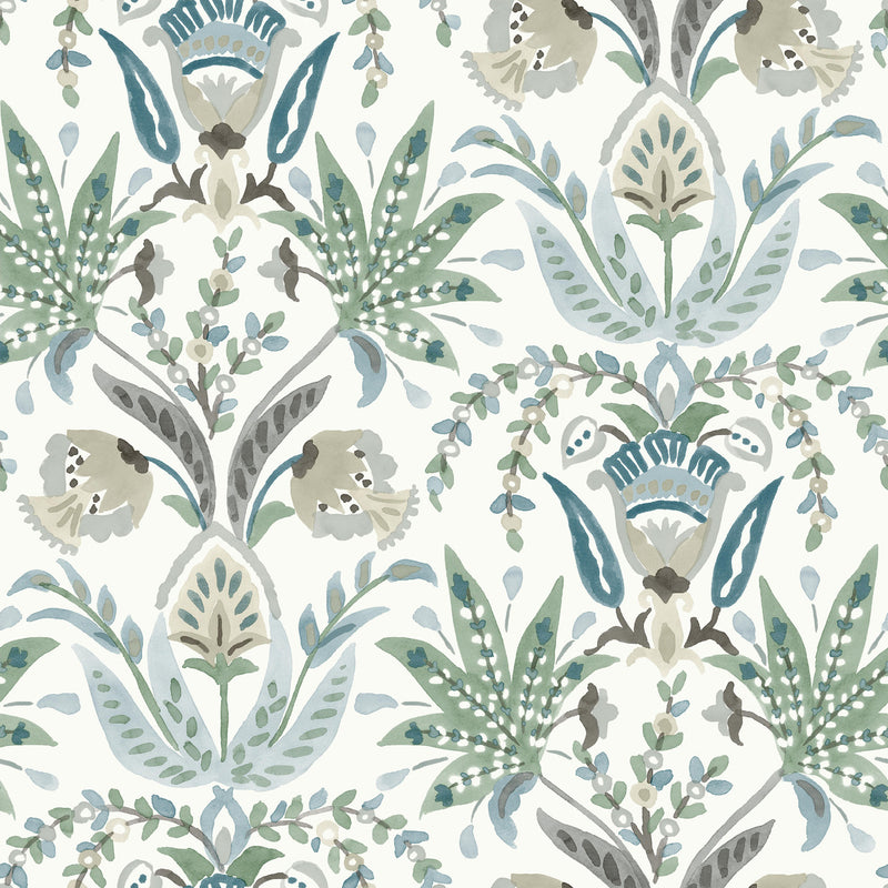 media image for Seaside Jacobean Wallpaper in White/Green/Blue from the Mediterranean Collection by York Wallcoverings 220