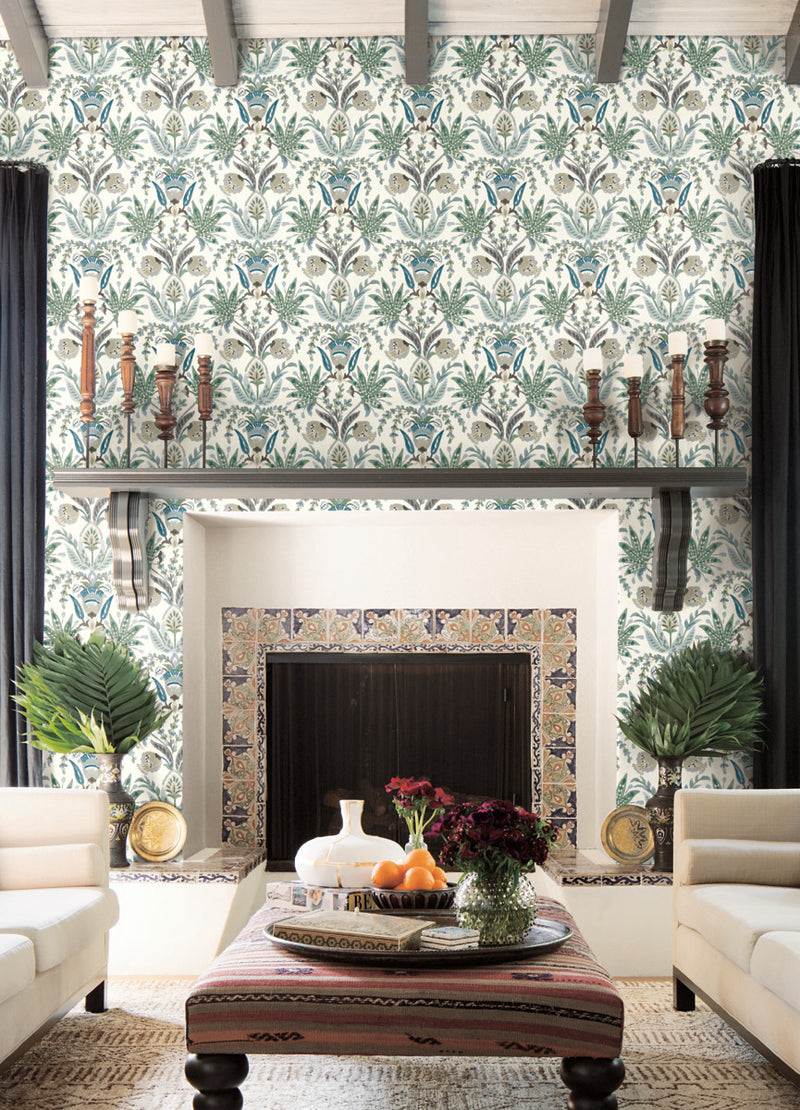 media image for Seaside Jacobean Wallpaper in White/Green/Blue from the Mediterranean Collection by York Wallcoverings 215