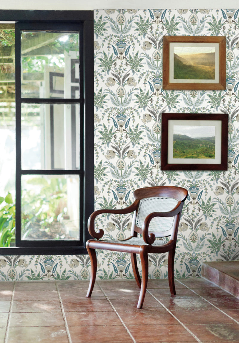 media image for Seaside Jacobean Wallpaper in White/Green/Blue from the Mediterranean Collection by York Wallcoverings 242
