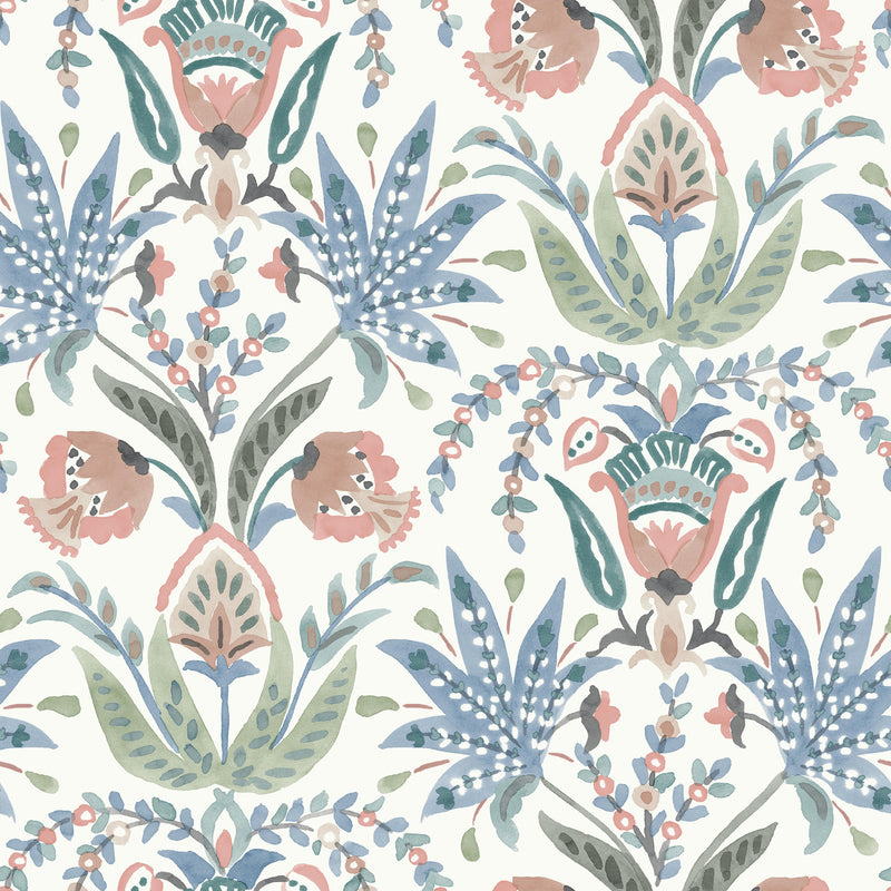 media image for Seaside Jacobean Wallpaper in White/Pink/Blue from the Mediterranean Collection by York Wallcoverings 225