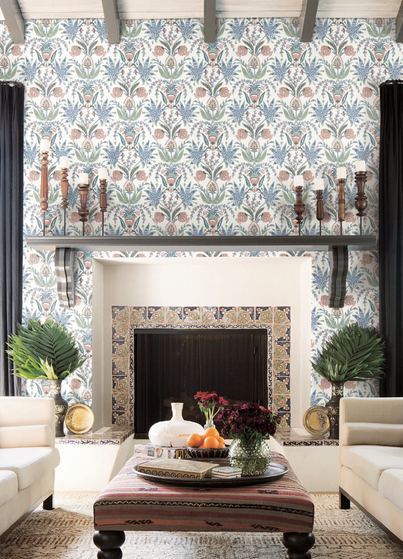 media image for Seaside Jacobean Wallpaper in White/Pink/Blue from the Mediterranean Collection by York Wallcoverings 26